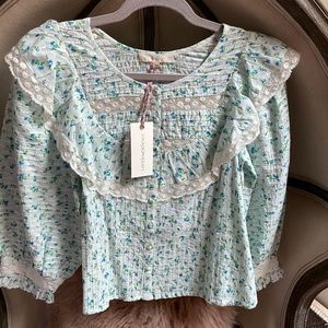 NWT LoveShackFancy Canna Lace Embroidered Top Blouse Shirt Blue Green Floral XS